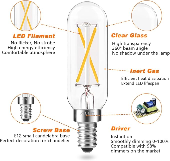 2W T8 Dimmable Candelabra LED Light Bulb, Soft White 3000K, E12 Small Chandelier Base, Tubular 25-Watt Equivalent Clear Vintage LED Edison Bulb for Display Cabinet Showcase Piano, 8-Pack