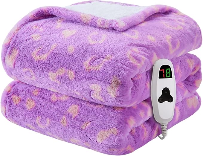 Leopard Print Heated Electric Blanket Twin,62X84 Purple Heating Blanket with 10 Heats Levels & 8 Hours Auto Off,Cute Cheetah Decor Sherpa Blankets Warmer Gifts for Women Couch Office,Washable