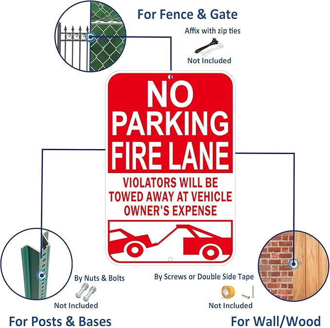 No Parking Fire Lane Sign, Reflective Aluminum, 12 x 18 Inches, Weather Resistant, UV Protected, Indoor Outdoor Use, 2 Pack