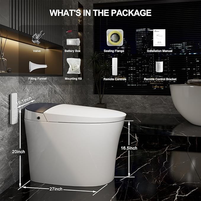 Smart Toilet with Automatic Lid Opening, Auto Flush, Heating seat, Instant Hot Water, Rinse Function, Warm Air Drying, Night Light, LED Display Light and Remote Control (ST-PLUS)