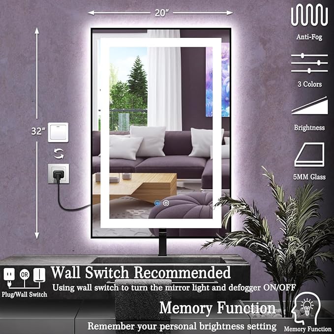 32 x 20 Inch Black Medicine Cabinet Mirror with Lights, 3 Color Lights, Memory Adjustable Brightness, Moisture Resistant, Bathroom