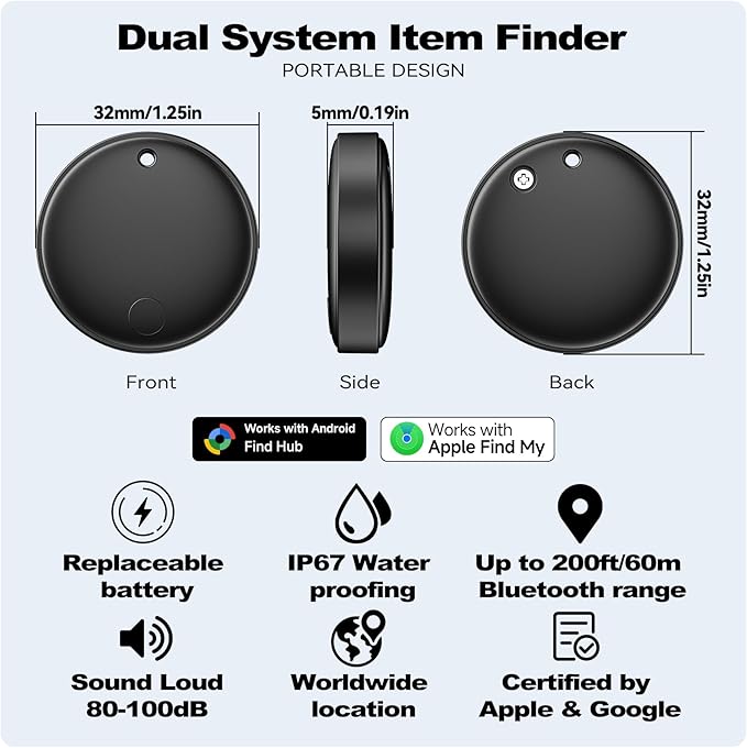 Eelexa Smart Tag Tracker, Dual System(Both iOS&Android) Air Tracker Tag, Compatible with Apple Find My or Google Find Hub Smart Keys Finder Item Locator with Waterproof&Light (Black-2Pack)