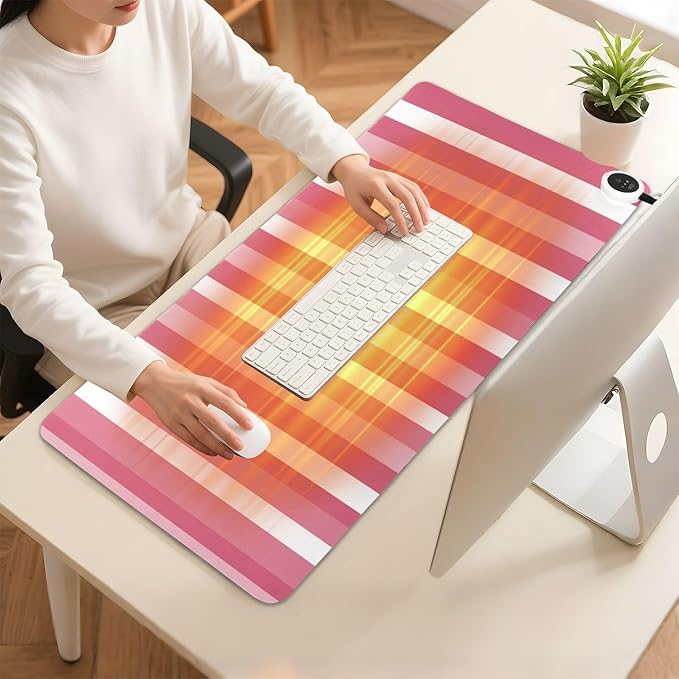 Heated Desk Pad Mouse Pad 31.5x13 Inch PU Leather Desk Mat with 3 Heat Levels Large Mouse Gaming Computer Laptop Mat Pink and White Stripes