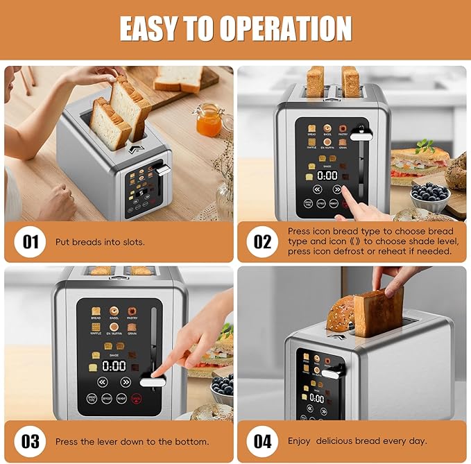 2 Slice Toaster,Touchscreen & Dual Independent Control Panel,5 Basic Functions & Digital Countdown Toasters,6 Shade Settings&6 Bread Types,Smart Bread Maker Mute/Screen-Off,Silver