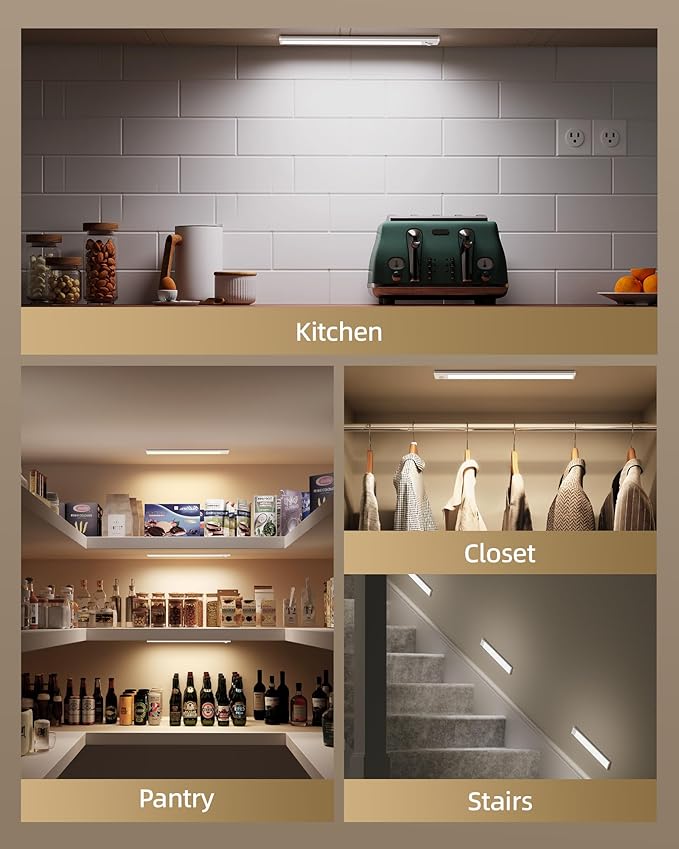 Under Cabinet Lighting Wireless,Rechargeable Battery Motion Sensor Light Indoor,LED Closet Lights USB Charging,3 Color Dimmable Under Cabinet Lights for Kitchen, Cabinet, Wardrobe (3 Pcs) 8inch