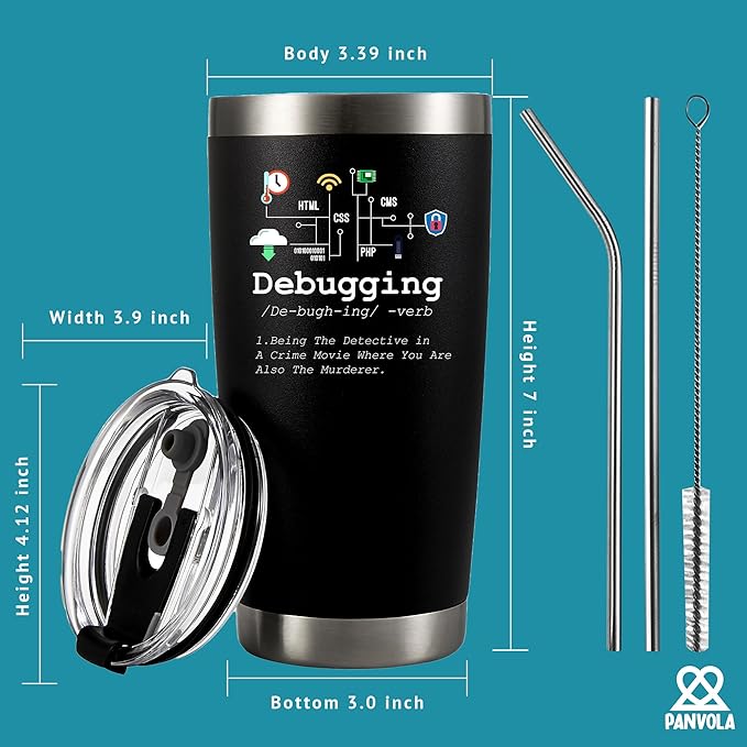 Debugging Definition Computer Programmer Student Teacher Geek Coder Friend Coding Programming IT Vacuum Insulated Tumbler Nerd Tech Support Travel Mug Stainless Steel With Straw Removable Lid (20 oz)