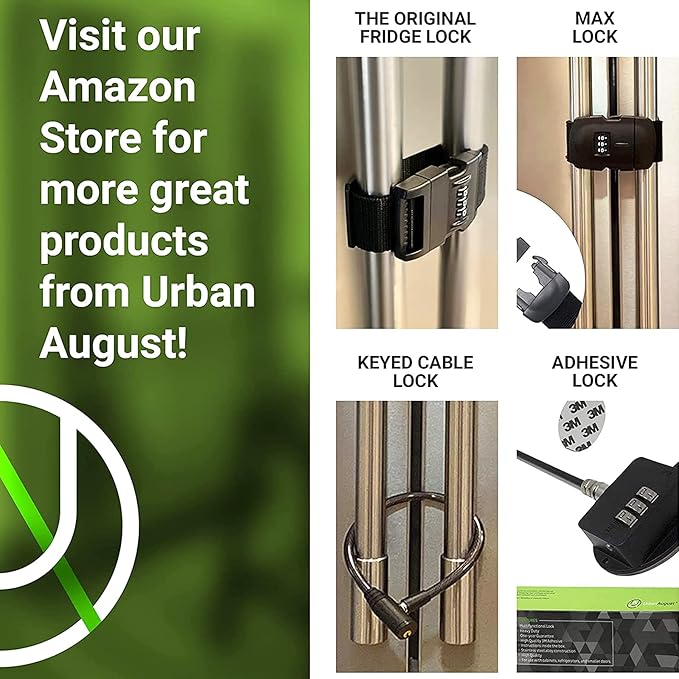 Urban August Max Refrigerator Cabinet Locks for Adults Kids Toddlers - Premium Cable Locks with Combination 4-Digit Code - Cut-Resistant Easy-to-use Multifunctional French Door Lock - One Pack
