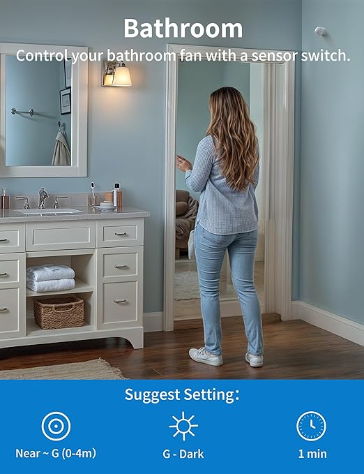 Wireless Motion Sensor Switch Kit with Split Sensor & Switch, PIR Motion Activated Power Switch with Timer, Indoor Motion Detector for Lights & Exhaust Fan (110V-120V) of Bathroom, Garage