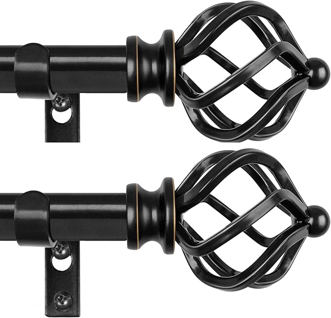 KAMANINA 2 Pack Curtain Rods 32 to 86 Inches (2.6-7.1ft), 3/4 Inch Black Curtain Rods for Windows Splicing Adjustable Single Drapery Rod with Twisted Cage Finial, for Indoor and Outdoor