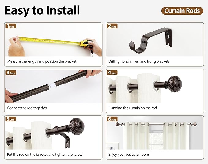 TONIAL Bronze Curtain Rod 32 to 58 Inches, 7/8 Adjustable Curtain Rods for Windows 20 to 54 Inches, Splicing Drapery Rods Heavy duty with Netted Texture Finials
