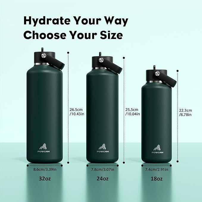 POWCAN 18 oz Water Bottle Insulated: Leakproof Lid with Straw, Lightweight, Flex Cap, BPA-Free, Stainless Steel Water Bottle for Office, Trekking, Commute, Worker, Walking, Cycling (Fir Green)