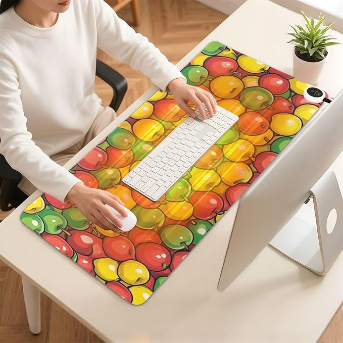 Heated Desk Pad Mouse Pad 31.5x13 Inch PU Leather Desk Mat with 3 Heat Levels Large Mouse Gaming Computer Laptop Mat Apples Colorful
