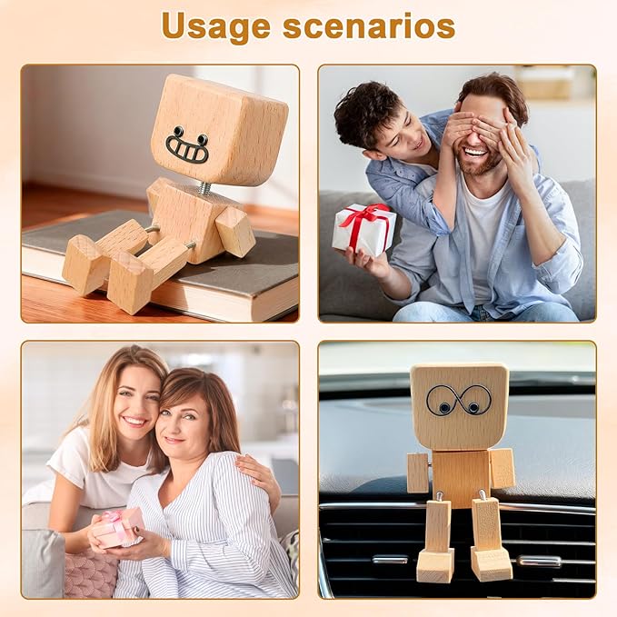 Shaking Wooden Man Figurine for Car Dashboard, Handmade Shaking Feet Wooden Man with 12PCS Magnetic Expressions, Creative Wood Desktop Decor Gifts
