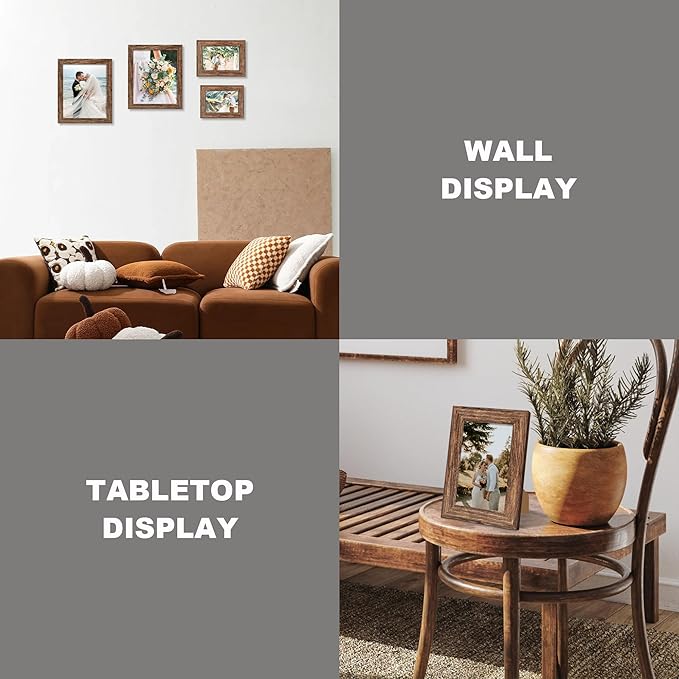 iRahmen 8x10 Picture Frame Set of 4, High Definition Glass Brown Frame, 8 x 10 Wood Rustic Picture Frames for Horizontal or Vertical Table Top and Wall Mounting