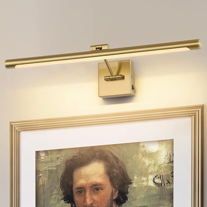 Joosenhouse Battery Operated Picture Lights for Wall Rechargeable Art Lighting for Paintings Wireless Gallery Lights with Remote Control and Dimmable Timed Off Brass Wall Lights 24.4 inch