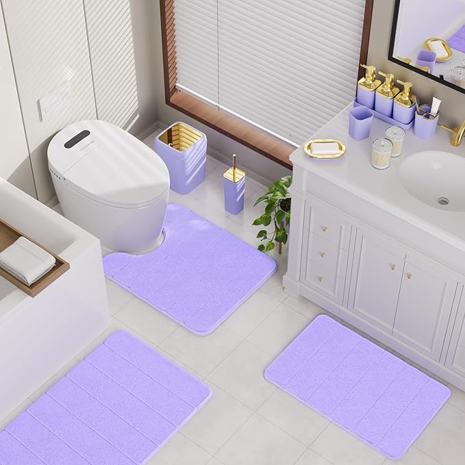 Bathroom Sets with Shower Curtain and Rugs, 27PC Bathroom Accessory Set, Purple Bathroom Set, Purple and Gold Bathroom Accessories Set with Trash Can, Toilet Brush and Soap Dispensers