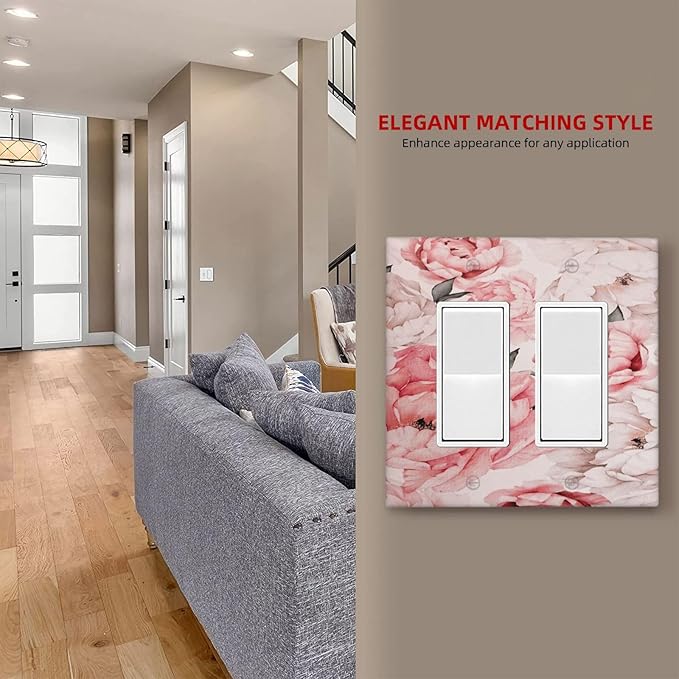 Decorative Outlet Covers Ink Pink Peony Flower Rustic Floral 2 Gang Light Switch Cover Plate Double Rocker Wall Plate Switch Plate Covers Faceplate for Home Bedroom Decor (2 Pack)