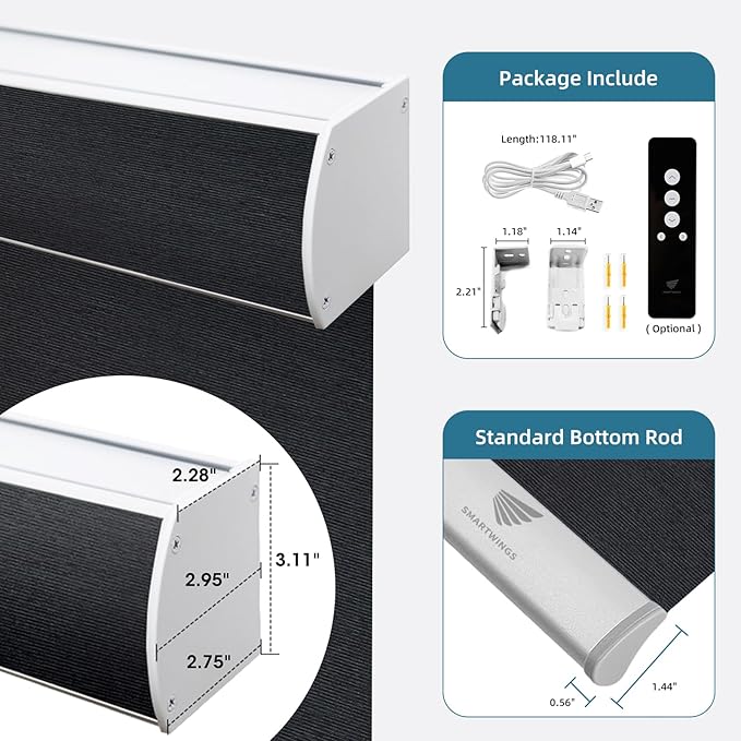 SmartWings Motorized Smart Roller Shades in Light Filtering, Electric Blinds with Remote for Windows Compatible with Alexa/Google Home/Homekit, Customized, 60% Blackout Twilight Obsidian