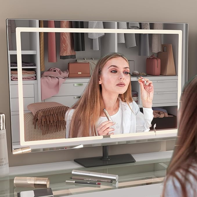 Vanity Mirror with Lights, 23.27 x 17.7 Inch LED Makeup Mirror, Lighted Makeup Mirror with Dimmable 3 Modes, Smart Touch Control, Aluminum Frame and Tempered Glass Base, Bronze
