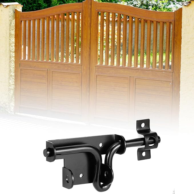QWORK Slide Bolt Gate Latch, Heavy-Duty Gate Lock with Padlock Hole for Wooden Vinyl Fence Barn Doors – 6-3/8" Black, 2 Pack
