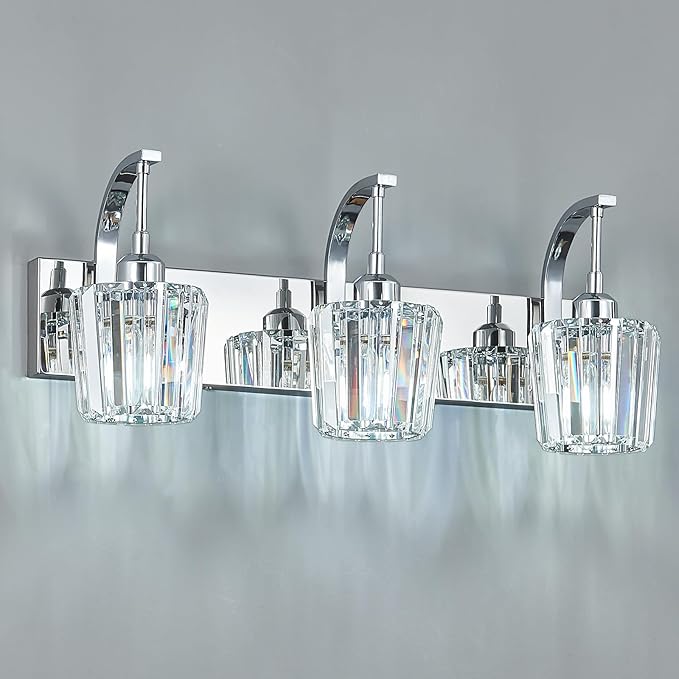 Modern Bathroom Vanity Light, 3-Light Chrome Wall Sconce with Crystal Accents, Over Mirror Bathroom Lighting Fixture, 23.62" Long Dimmable Vanity Lamp for Makeup, Easy Installation