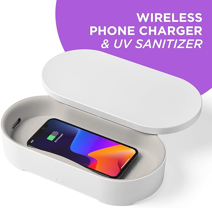 Lexon UV Phone Sanitizer Machine & Wireless Charger - OBLIO Box QI Fast Charging and 360° UV-C Light Cellphone Cleaner, Glasses, Keys, Makeup Brush, Tools, All That Fits in - White