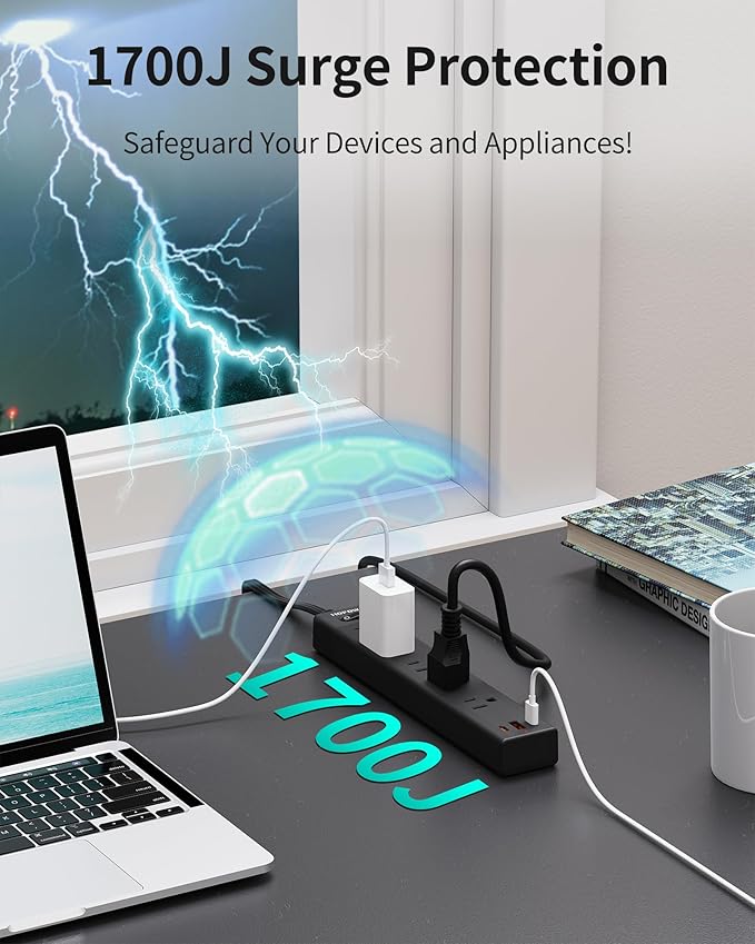 5Ft Extension Cord with Multiple Outlets, HOPOW Flat Plug Power Strip Surge Protector, 5 Outlets & 3 USB Ports (2 USB C), 1700 Joules, Wall Mount, Charging Station for Home Office Dorm, Black