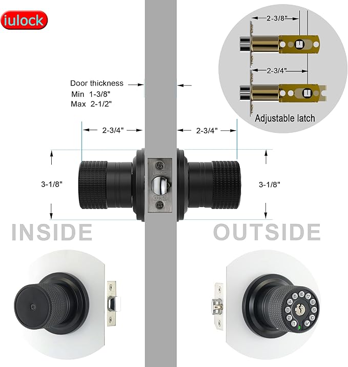 Smart Door Knob with Keypad and Key,Keyless Entry Door Lock with Rubber Grip, Auto Lock,50 User Code,Waterproof, Easy to Install and Program for Bedroom (Matte Black Same Key 2 Pack)