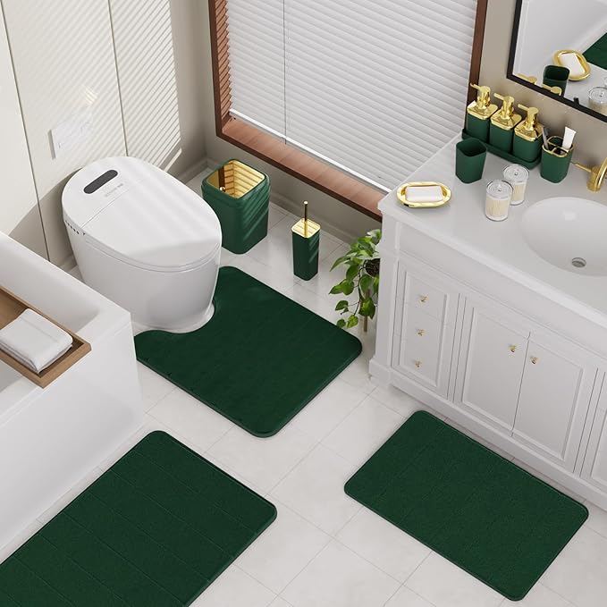 Bathroom Sets with Shower Curtain and Rugs, 27PC Bathroom Accessory Set, Green Bathroom Set, Green and Gold Bathroom Accessories Set with Trash Can, Toilet Brush and Soap Dispensers