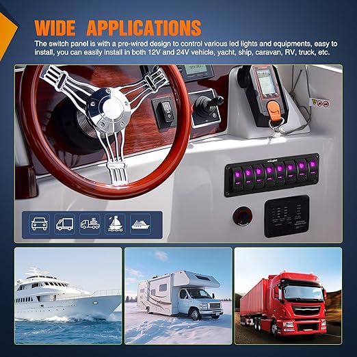 Nilight 8 Gang Rocker Switch Panel with Purple LED Light 5 Pin On Off Pre-Wired Aluminum Toggle Switches Waterproof for 12V/24V Cars Marine Boats ATVs Trailers RV Trucks