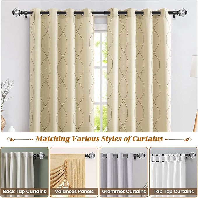 1 Inch Curtain Rods 72 to 144 Inches (6 to 12 ft) Telescoping Single Drapery Rod, USFOOK Black Curtain Rods for Windows 69 to 140 Inches, Decorative Translucent Finials