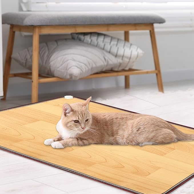 PVC 110V Heated Floor Mat Heater for Foot Warmer Under Desk 31.5 x 20 Inch Carbon Crystal Wood Stripe Electric Heating Carpet Pad Energy Saving Indoor Heated Rug for Home Office House Brown