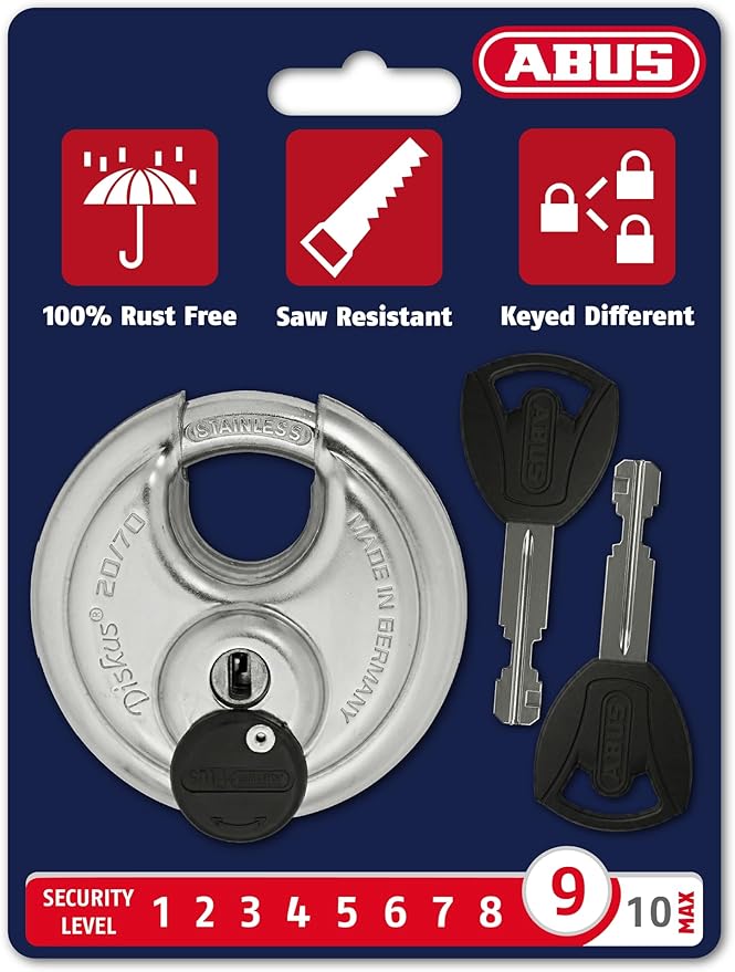 ABUS - Diskus 20/70 Padlock with Key (2.75") 70mm - Heavy Duty Stainless Steel - Cut, Rust & Drill Resistant - Storage & Outdoor - Pad Lock with 2 Keys (Keyed Different) - Locker Lock - Home Security