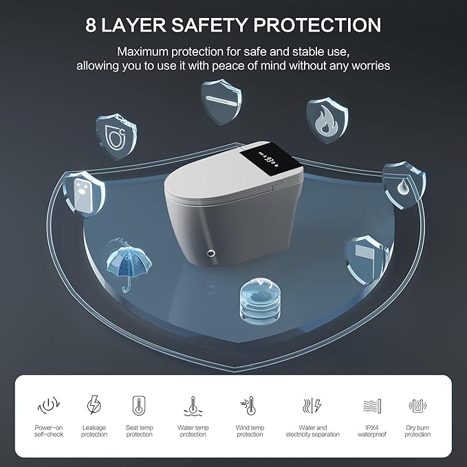 Smart Toilet with Bidet Built-In and Tank – Foam Shield, Heated Seat, Dual Flush, Warm Water & Dryer, Mutiple Clean Modes, Foot Sensor, Night Light, and Wireless Remote Control