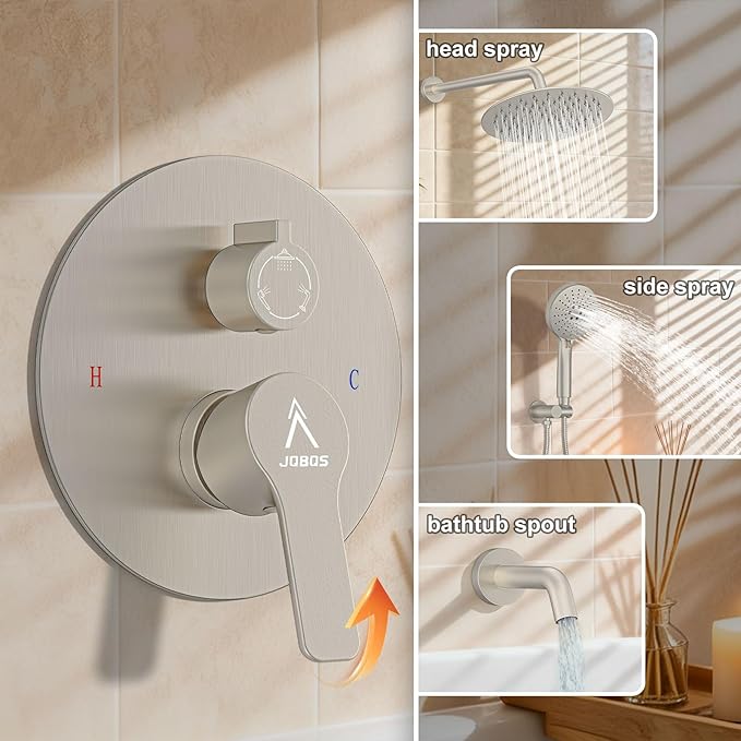 3 Functions Shower System,Modern Three-Setting 10-Inch Round Rain Shower Head and Faucet Set,Shower Faucet Set Complete Rough-in Valve and Trim Kit Included(Brushed Nickel)