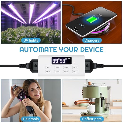 Countdown Timer Outlet, Up to 99 Hours, Large Screen and Repeat Function, Inodoor Auto Shut Off Timers for Charger Light Vacation Security,Digital Timers for Electrical Outlets