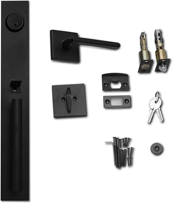 Berlin Modisch Full Escutcheon HandleSet Front Door Entry Handle and Deadbolt Lock Set Slim Square Single Cylinder Deadbolt and Lever Heavy Duty – Iron Black Finish