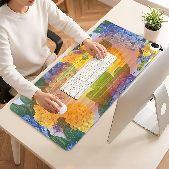 Heated Desk Pad Mouse Pad 31.5x13 Inch PU Leather Desk Mat with 3 Heat Levels Large Mouse Gaming Computer Laptop Mat Blue Hydrangeas Hummingbirds