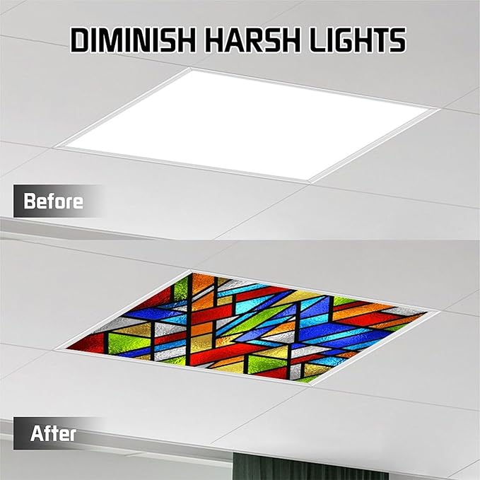 2PCS Fluorescent Light Cover for Ceiling Light Classroom-Stained Glass Patten Magnetic Light Cover Shade Panel,Decorative Film Filter for Reducing Harsh Glare Flicker Home School Office Decorations