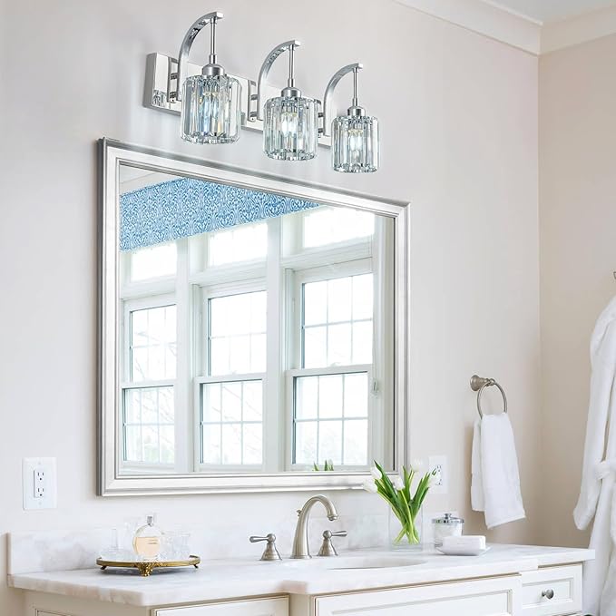 3-Light Crystal Vanity Light, Modern Chrome Bathroom Wall Sconce with K9 Crystal Shades, 23.62" Long Over Mirror Lighting for Vanity, Makeup, Hallway, Elegant & Durable