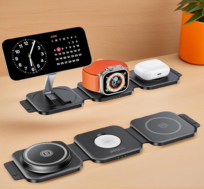 JARGO 3 in 1 Wireless Charging Station for Apple Devices, Foldable iPhone Charging Station for iPhone 17/16/15/14/13/12, Apple Watch & AirPods with Magsafe, Travel Essentials Wireless Charger (Black)