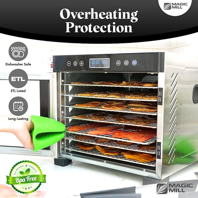 Magic Mill Pro Food Dehydrator Machine | 7 XL Stainless Steel Trays | Dryer for Jerky, Dog Treats, Herb, Meat, Beef, Fruit | Keep Warm Function, Digital Timer and Temperature Control, ETL Approved