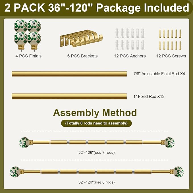 Ceramic Gold Curtain Rods Set of 2 for Windows 66 to 120 Inches Adjustable Length Duty 1" Diameter Window Curtain Rod with Modern Green Leaf Pattern Decorative Finials for Bedroom Living Room Kitchen