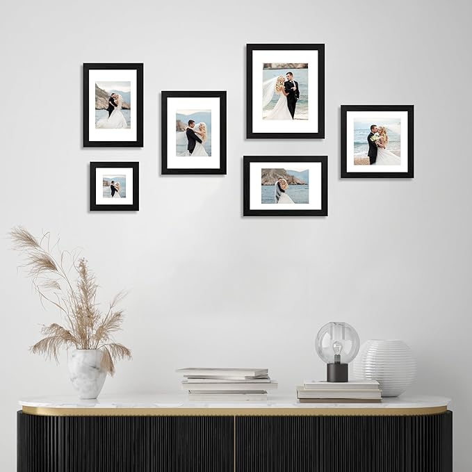iRahmen 9x12 Picture Frame Set of 4 with Tempered Glass, Black Frames Display 6x8 Picture with Mat or 9 x 12 Without Mat, Wood Photo Frames for Tabletop Display and Wall Mounting