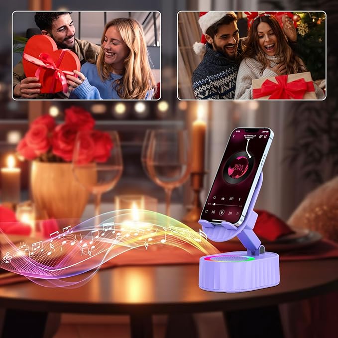 Wireless Induction Audio Bluetooth Speaker 5in1 Phone Holder Emergency Rechargeable (3000mAh) with Colorful Ambient Light 300° Foldable for Tablet iPhone Android, Gifts for Men Women