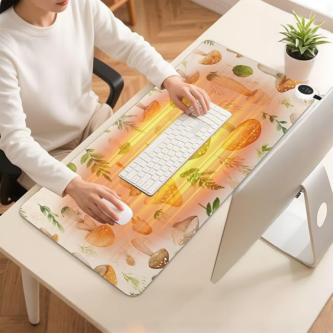 Heated Desk Pad Mouse Pad 31.5x13 Inch PU Leather Desk Mat with 3 Heat Levels Large Mouse Gaming Computer Laptop Mat Watercolor Mushrooms Beige