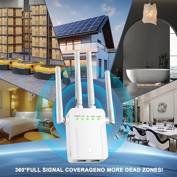 WiFi Extender Signal Booster,WiFi Extender, 5G WiFi Booster (Up to 10000sq. ft for 55+ Devices), WiFi Repeater with 4 Antennas 360° Coverage, WPS 1-Tap Setup with Dual Band 1200Mbps (White)