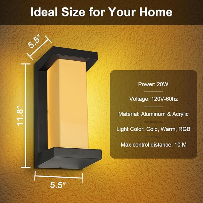 LED RGBCW Outdoor Wall Light Fixtures, Smart Led Porch Lights, 3000K- 5000K RGBCW Exterior Lighting, Wall Sconce, Dimmable Wall Mount Outside Lights for House,Garage,Backyard