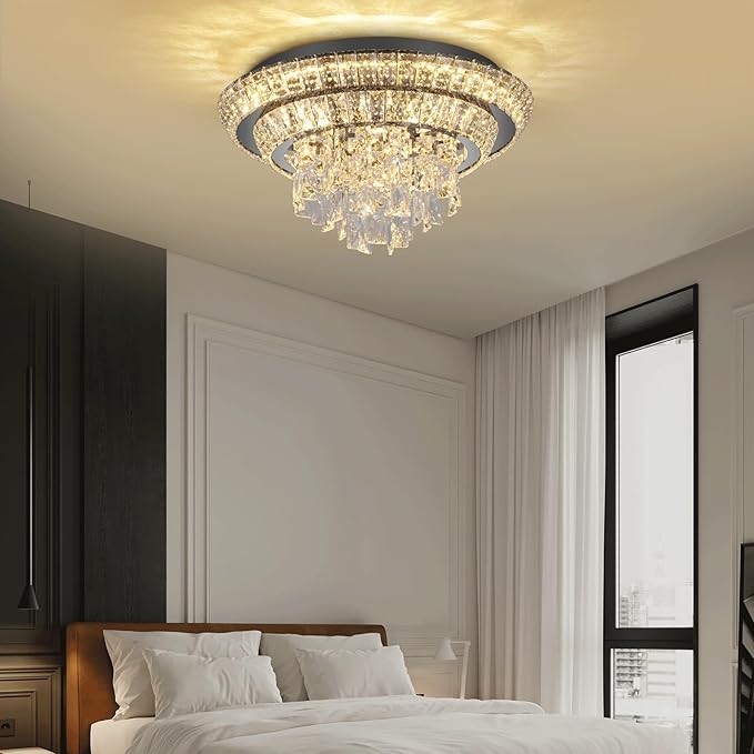 18 inch Crystal Black Ceiling-Light Flush Mount with Remote and APP Control, 3CCT Dimmable & Brightness Adjustable, Modern Crystal Raindrop Chandeliers for Bedroom Hallway Dinning Room Living Room