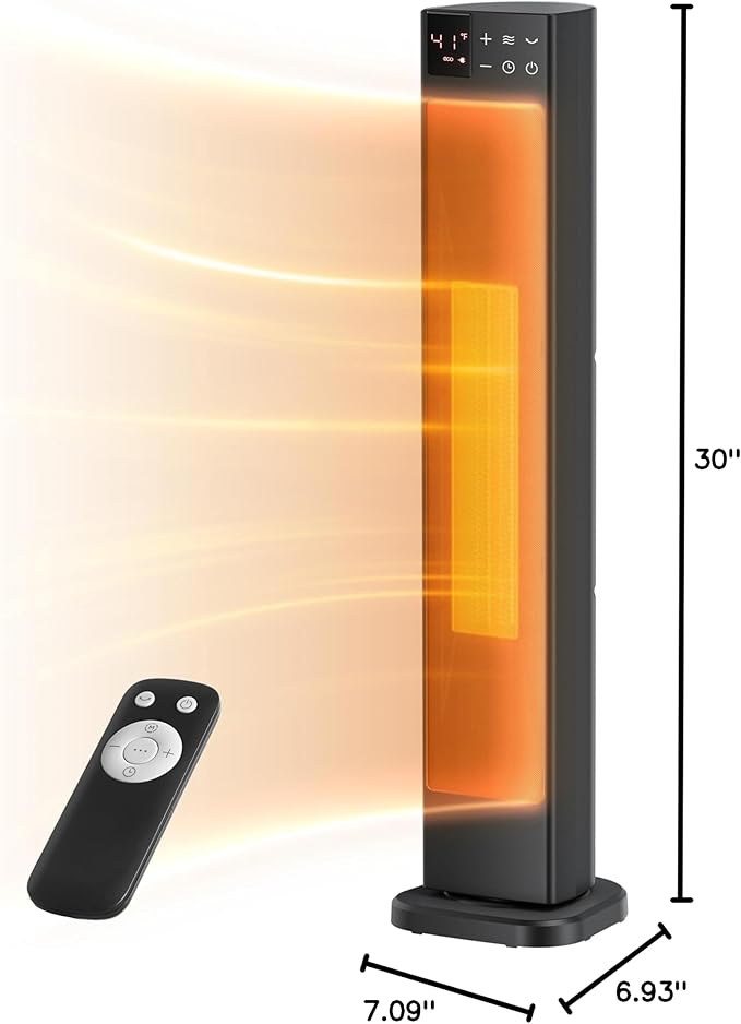 PELONIS 30” Ceramic Tower Space Heater with Adjustable Thermostat for Large Room, 75° Oscillation, Remote Control & 12H Timer, Tip-Over Switch & Overheating Protection, 1500W, PHF15RSAPH30, Black
